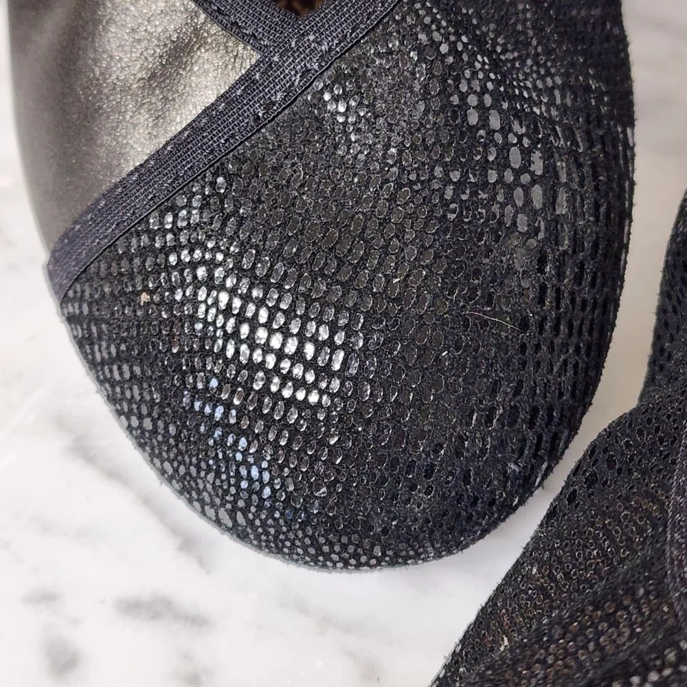 Revere Nairobi Shoes Black Metallic Ballet Leather Womens Size 8 Faux Snakeskin